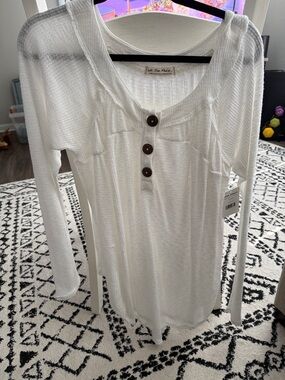 We The Free White Waffle-Knit Henley Long Sleeve Top